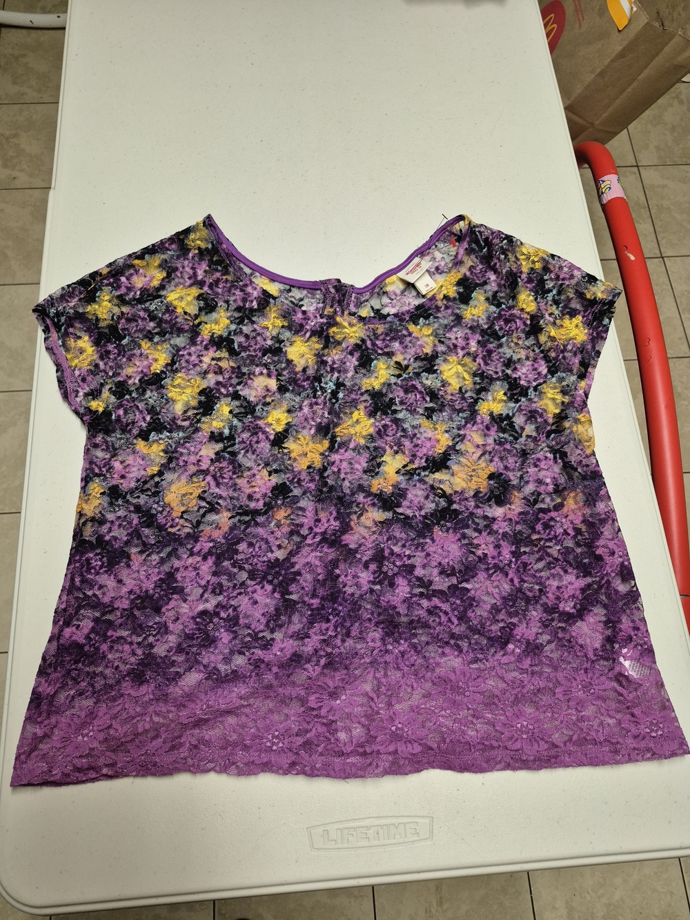 Mossimo Supply Co. Purple Floral Lace Short Sleeve Blouse with Yellow Accents